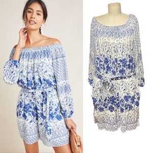 Anthropologie Blue and White Floral Jumpsuit